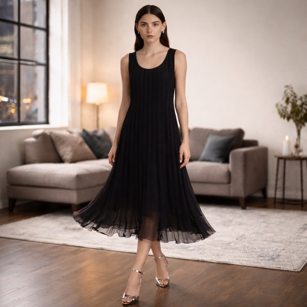 STUDIO I Black Pleated Sheer Ruffle Midi Dress Whimsigoth‎ Y2K Size 14